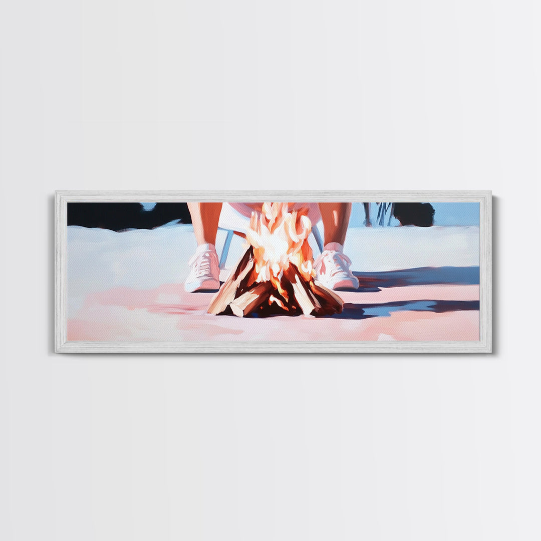 Campfire Scene, Autumn Night Art, Outdoor Adventure, Canvas Print, Rustic Home Decor, Cozy Warmth, Minimalist Fire Painting
