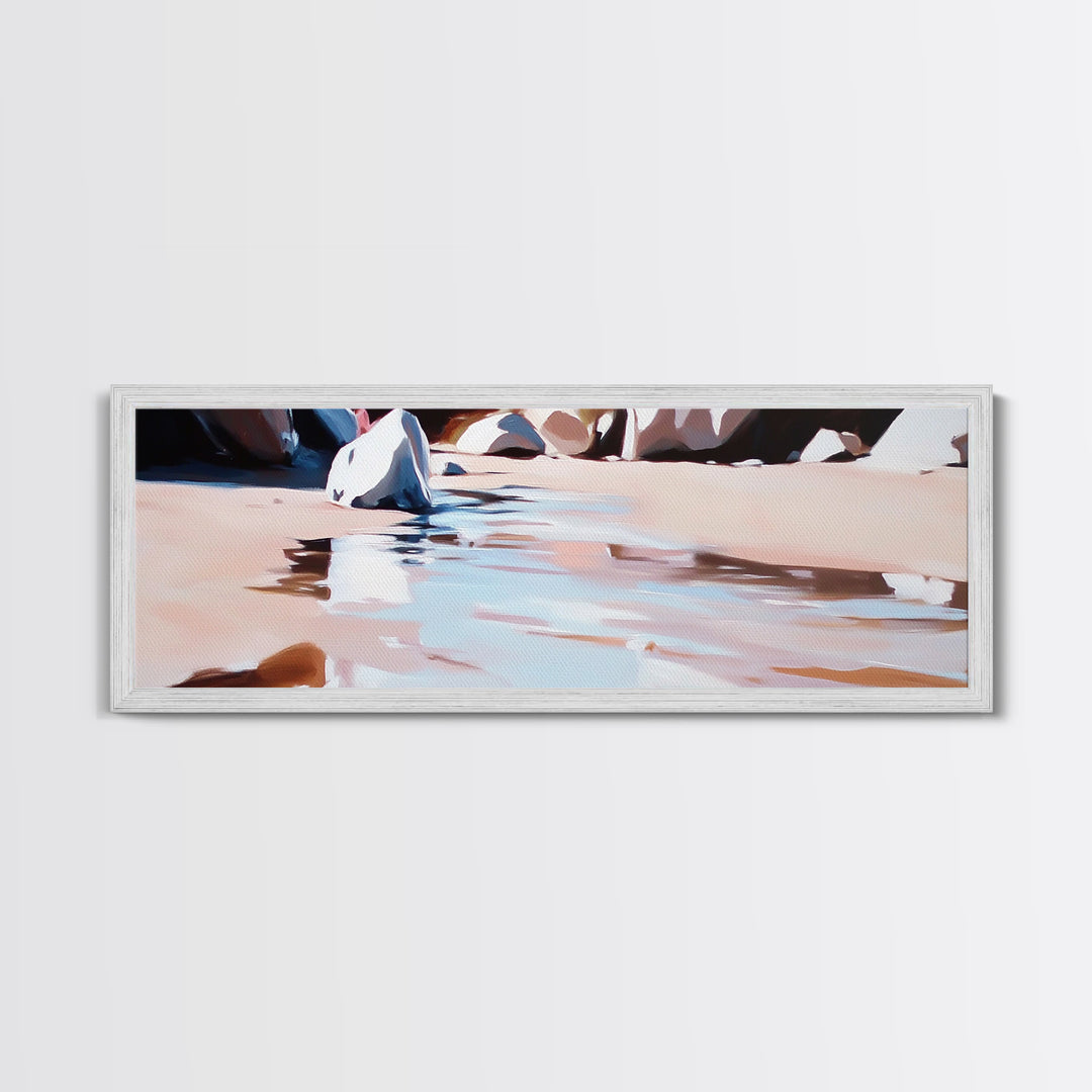 River Rocks, Water Reflection, Nature Landscape, Framed Canvas Print, Earthy Wall Art, Minimalist Zen Painting, Calming Home Decor