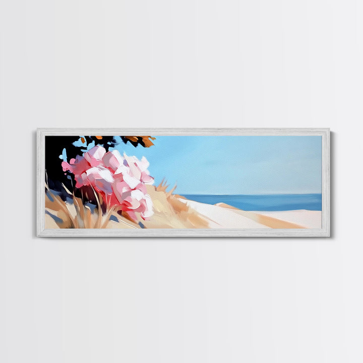 Beach Flowers, Coastal Blossoms, Summer Landscape, Framed Canvas Print, Boho Wall Art, Seaside Painting, Nature Home Decor
