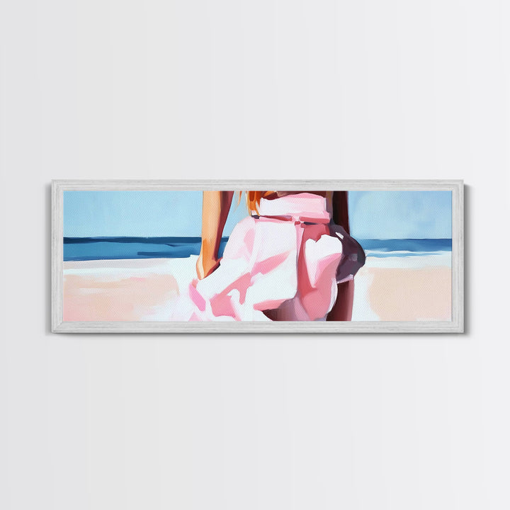 Beach Walk, Soft Waves, Feminine Coastal, Romantic Seascape, Framed Canvas Print, Boho Art, Bedroom Wall Art, Minimalist Aesthetic