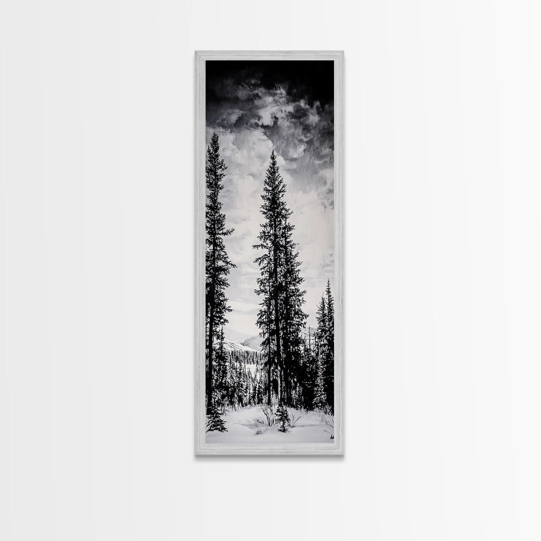 Black White Pine, Winter Forest, Nature Wall Art, Christmas Decor, Modern Minimalist, Monochrome Print, Framed Canvas Print
