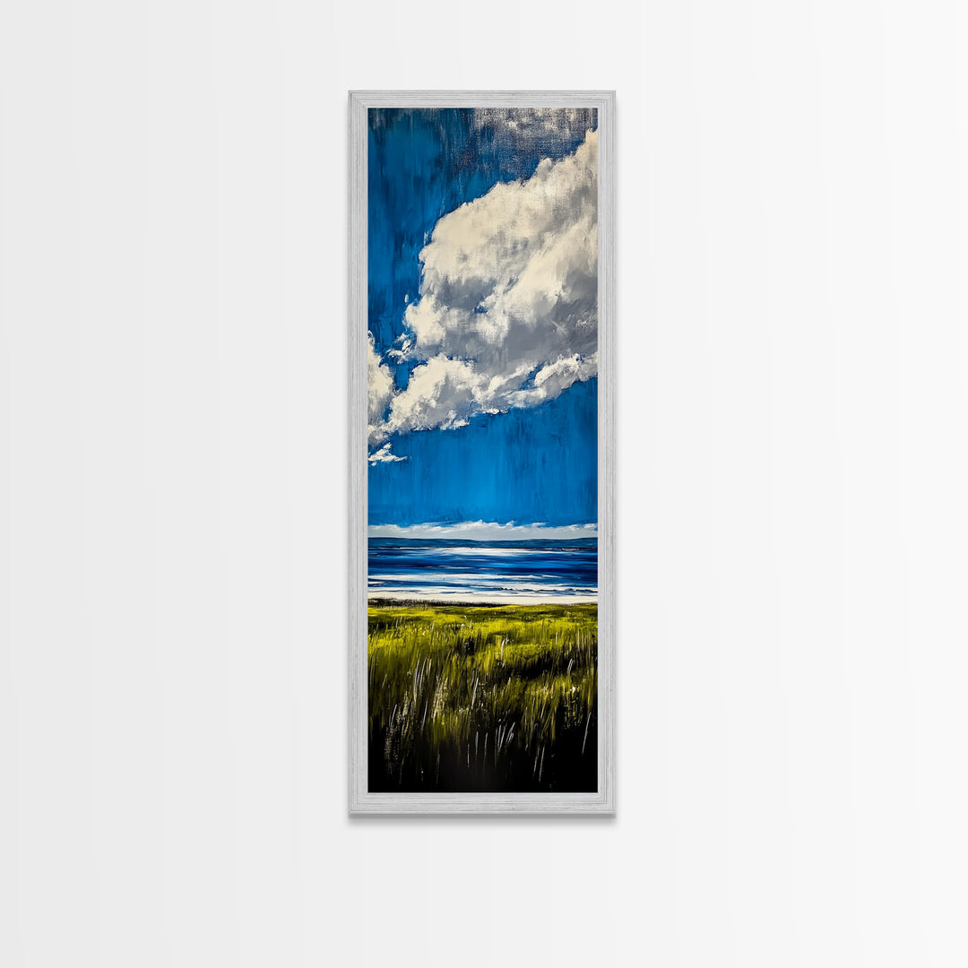 Ocean Horizon Art, Coastal Landscape Wall Decor, Sky and Clouds Painting, Serene Beach House Art, Nautical Artwork, Framed Canvas Print