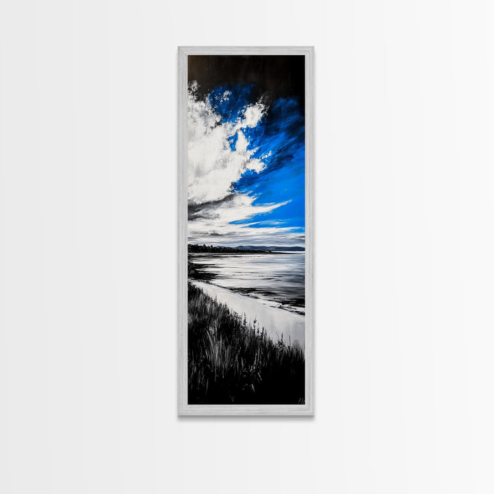 Black and White Beach, Monochrome Seascape, Moody Sky, Nature Photography, Framed Canvas Print, Minimalist Wall Art, Elegant Home Decor