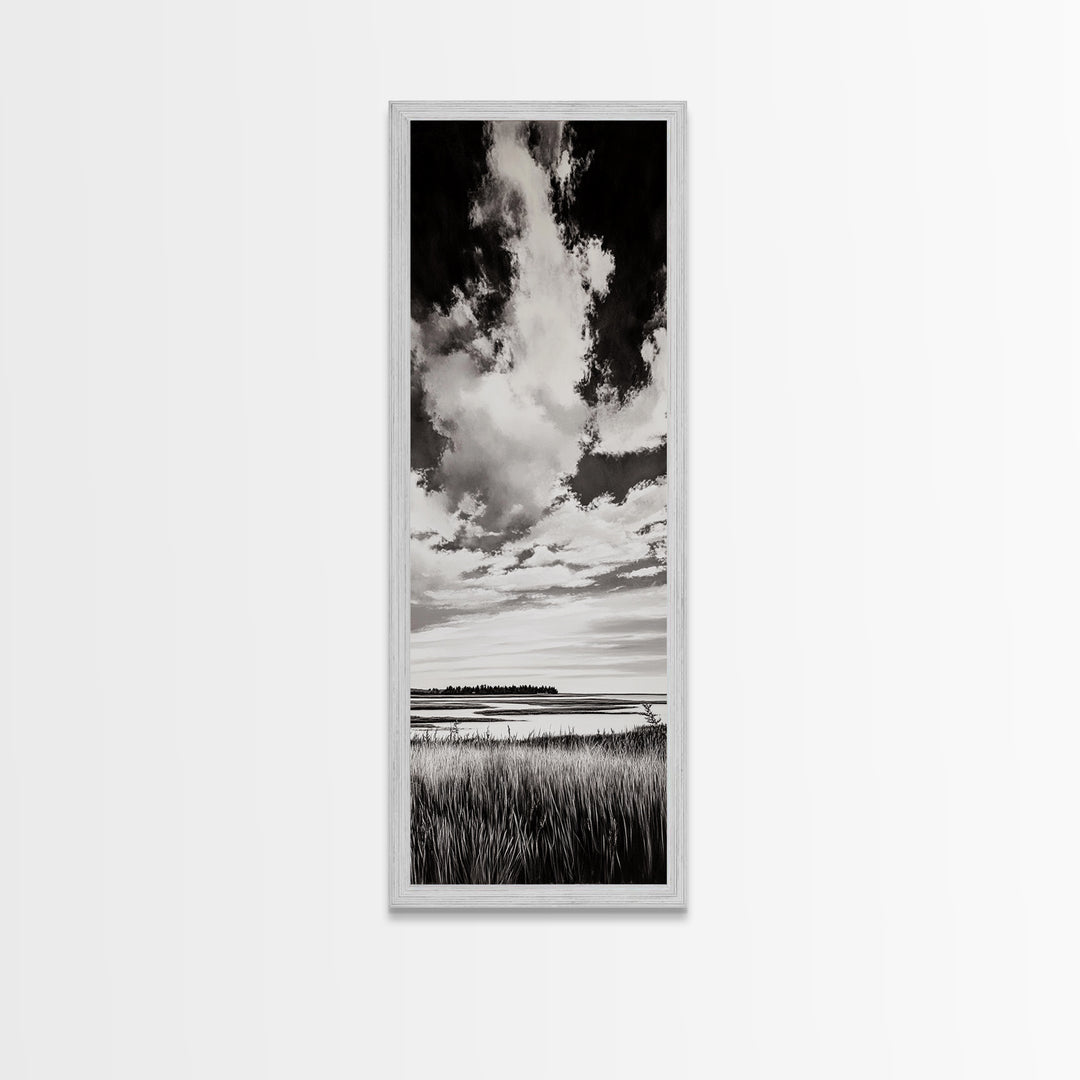 Black and White Sky, Cloudscape Wall Art, Minimalist Artwork, Nature Landscape Painting, Office or Bedroom Decor, Framed Canvas Print