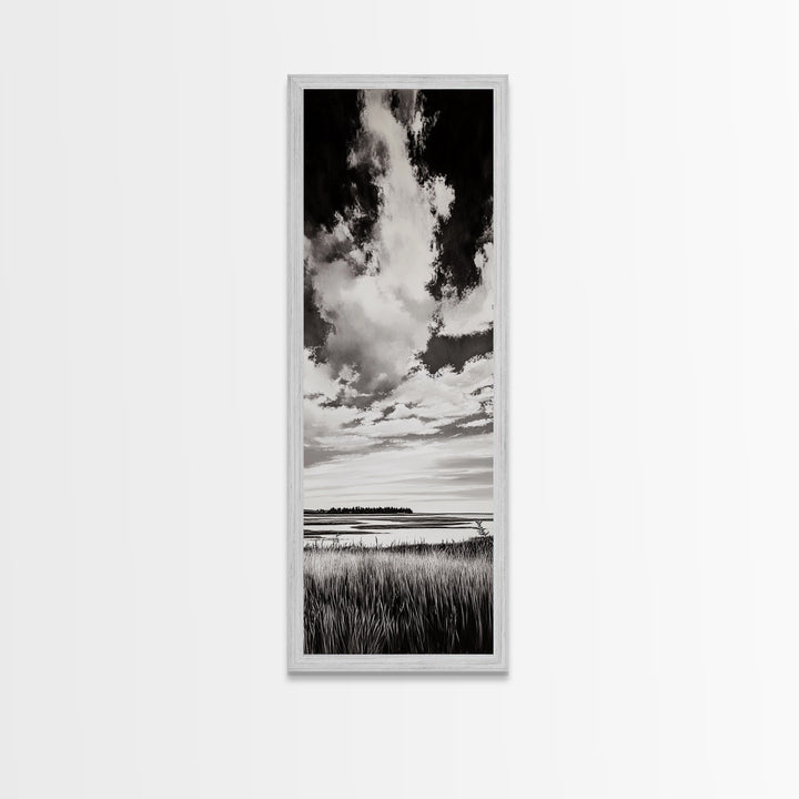 Black and White Sky, Cloudscape Wall Art, Minimalist Artwork, Nature Landscape Painting, Office or Bedroom Decor, Framed Canvas Print
