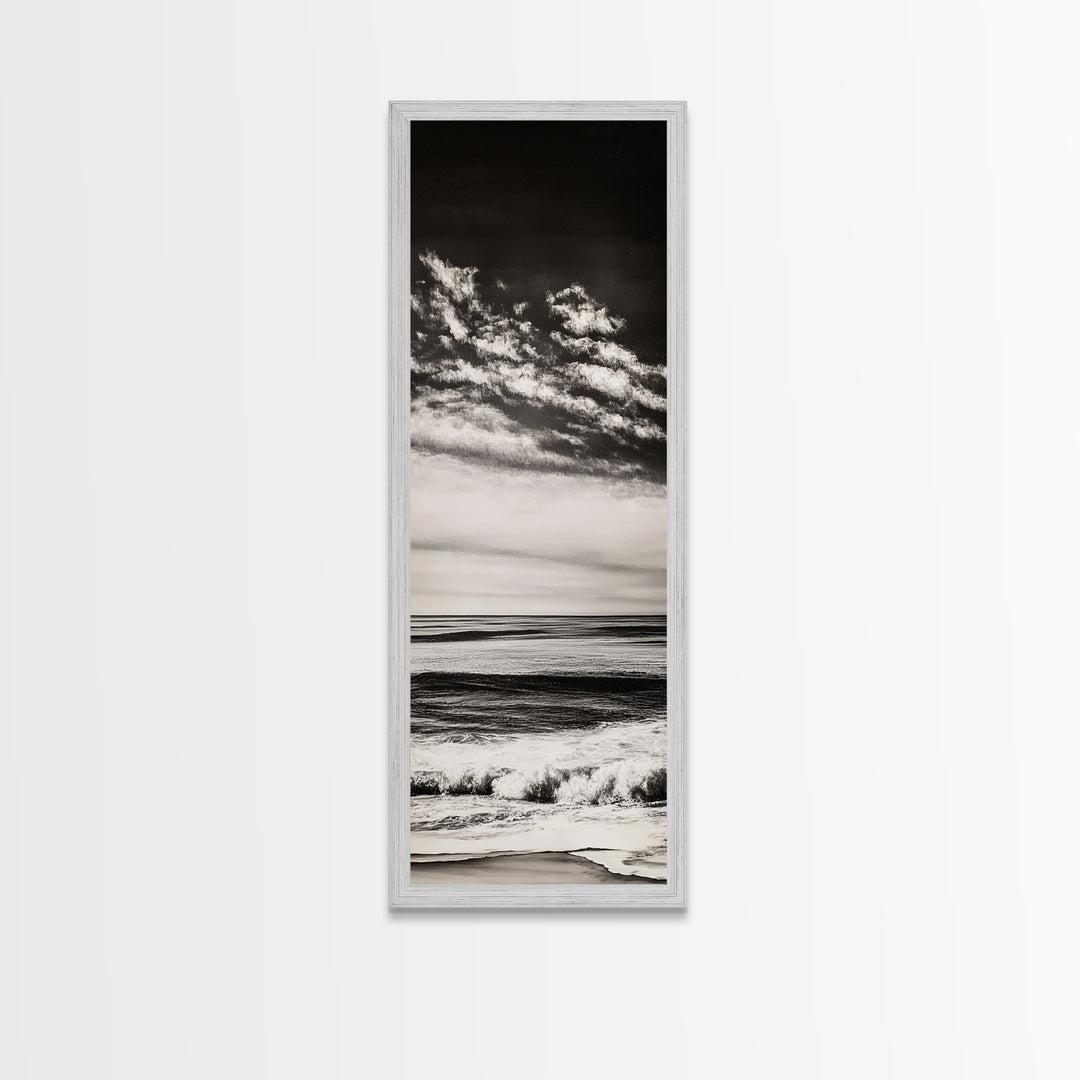 Ocean Horizon, Black and White, Cloudy Sky, Canvas Print, Coastal Wall Art, Minimalist Seascape, Modern Living Room Decor, Nautical Art