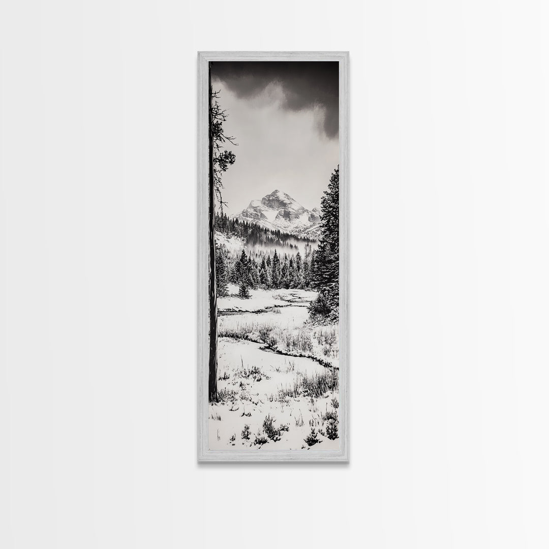 Winter Landscape, Snowy Mountains, Canvas Print, Black and White Photography, Rustic Home Decor, Cozy Cabin Wall Art, Nature Photography