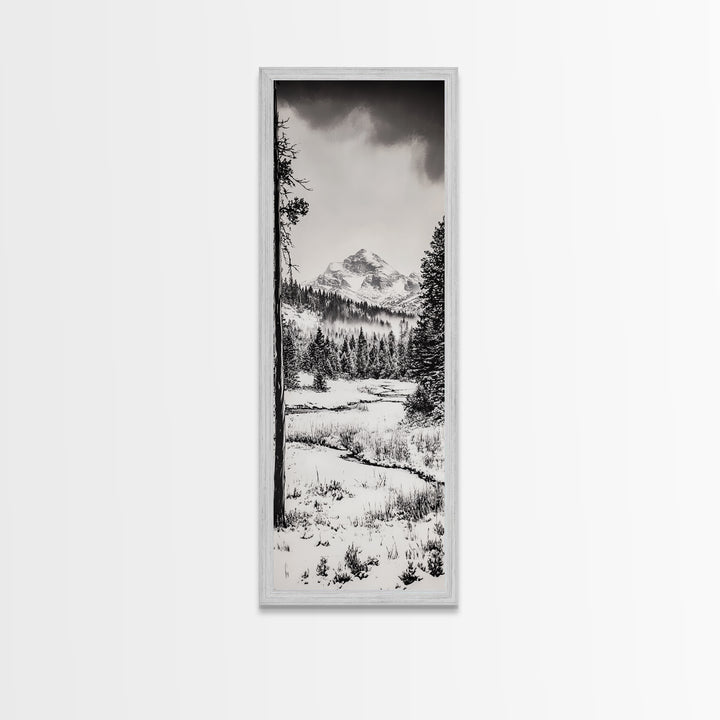 Winter Landscape, Snowy Mountains, Canvas Print, Black and White Photography, Rustic Home Decor, Cozy Cabin Wall Art, Nature Photography