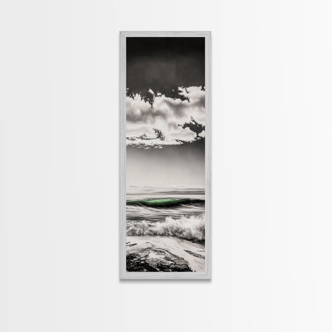 Coastal Waves, Black and White, Green Wave, Framed Canvas Print, Modern Beach Wall Art, Minimalist Ocean Decor, Living Room Art