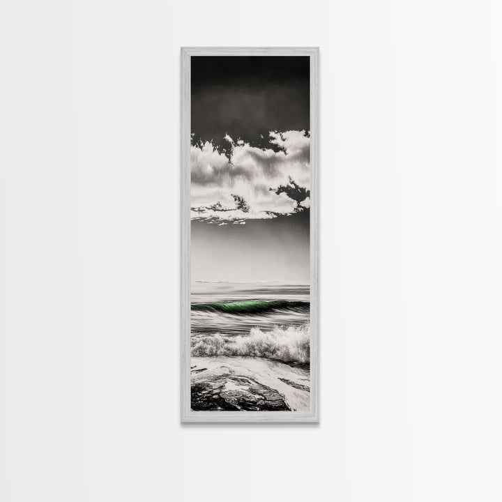 Coastal Waves, Black and White, Green Wave, Framed Canvas Print, Modern Beach Wall Art, Minimalist Ocean Decor, Living Room Art