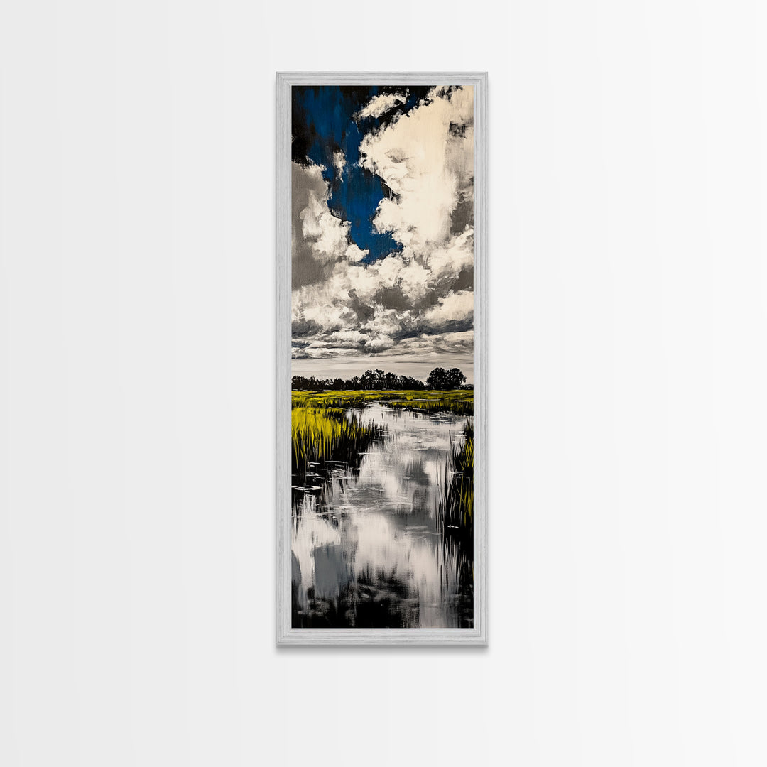 Marshland Scene, Nature Reflection, Blue Sky, Canvas Print, Rustic Landscape Art, Farmhouse Wall Decor, Entryway Nature Art