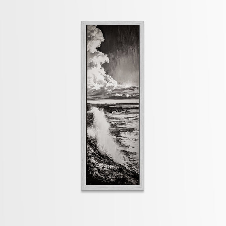 Ocean Power, Wave Crash, Coastal Landscape, Dramatic Seascape, Framed Canvas Print, Black and White Wall Art, Beach House Decor