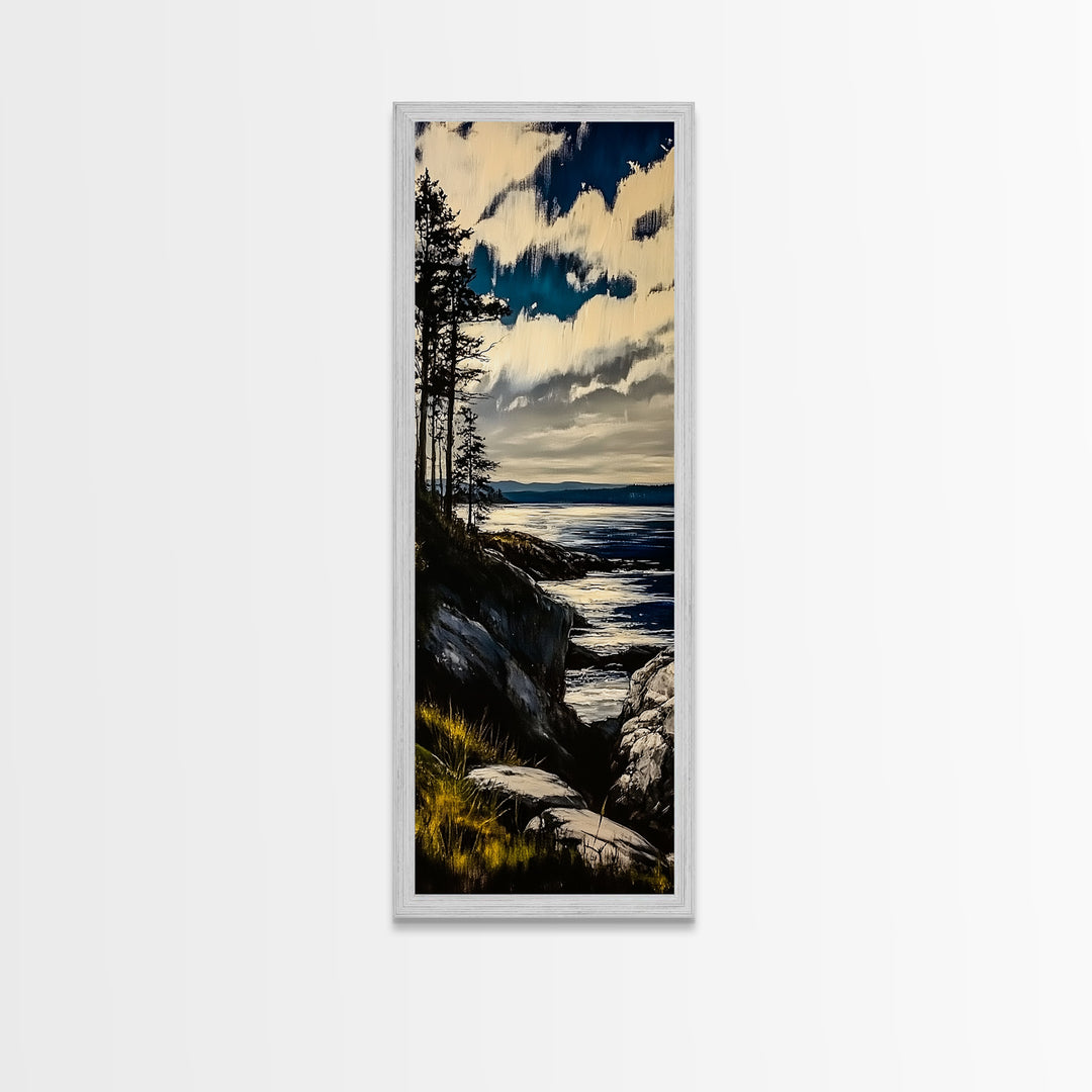 Cliffside View, Coastal Landscape, Nature Wall Art, Tranquil Seascape, Framed Canvas Print, Bedroom Wall Decor, Blue and Green Artwork