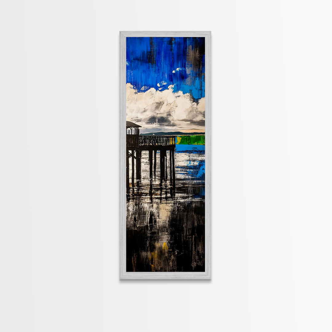 Dock on Water, Rustic Coastal Art, Blue Tones, Nautical Painting, Framed Canvas Print, Living Room Decor, Lakeside Cabin Wall Art