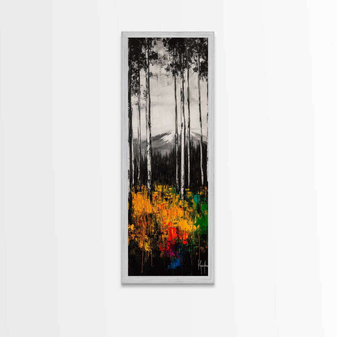 Birch Forest Painting, Mountain Wall Art, Black and White Landscape, Nature Artwork, Cabin Decor, Fall Art, Framed Canvas Print