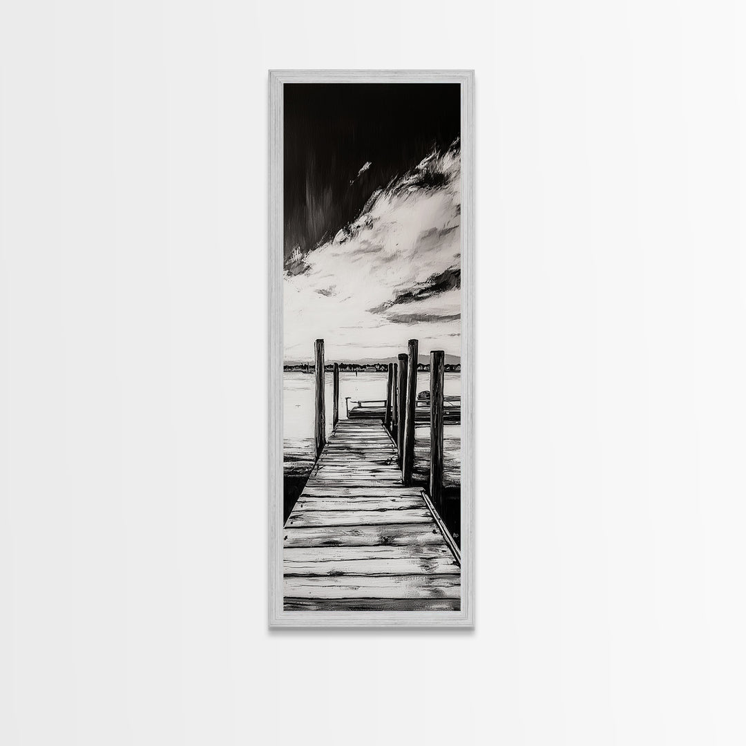 Wooden Dock, Black and White Lake Art, Rustic Cabin Wall Decor, Peaceful Waterfront Scene, Minimalist Landscape, Canvas Print