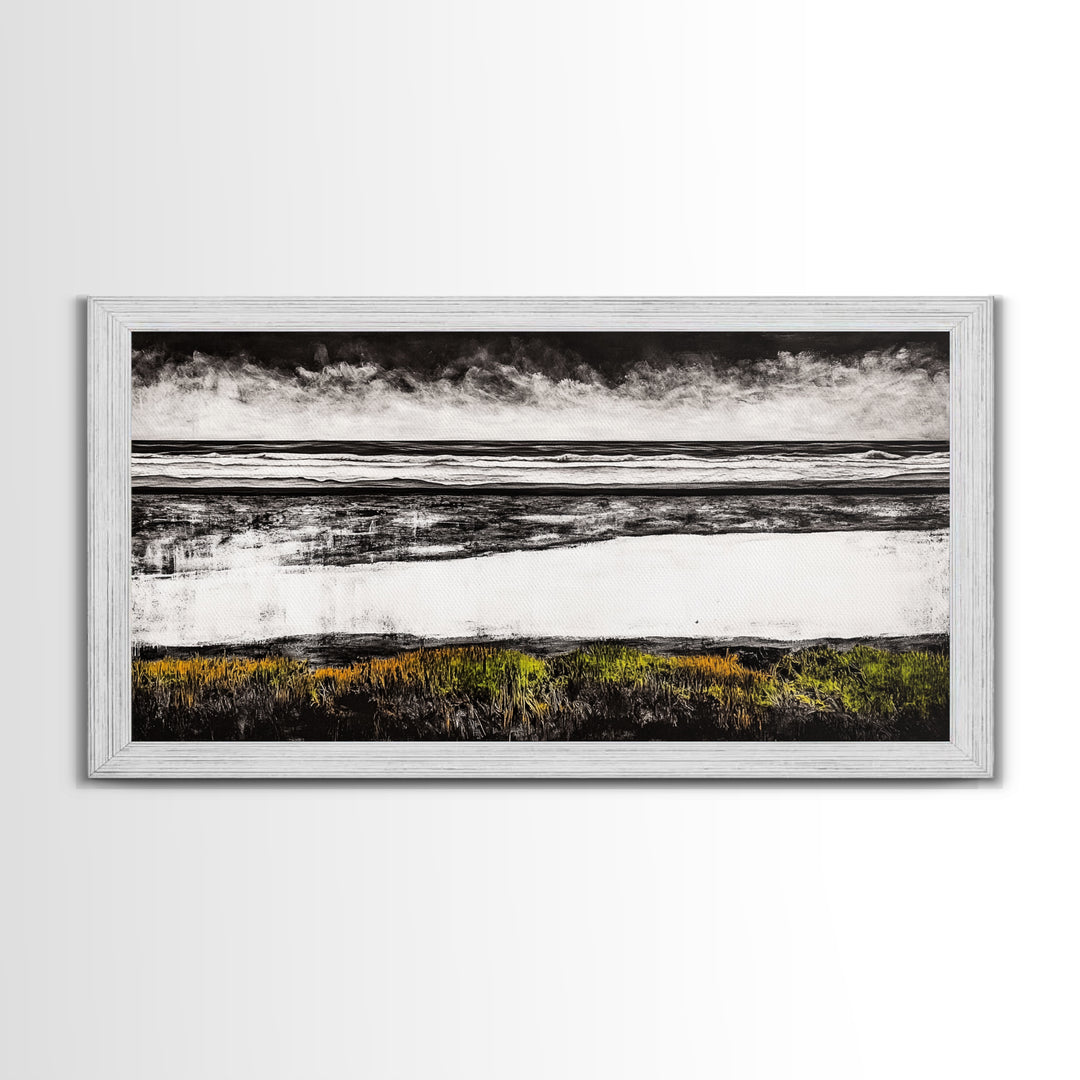 Coastal Horizon, Black and White Beach, Minimalist Seascape, Monochrome Art, Nature Inspired, Framed Canvas Print, Office Wall Decor
