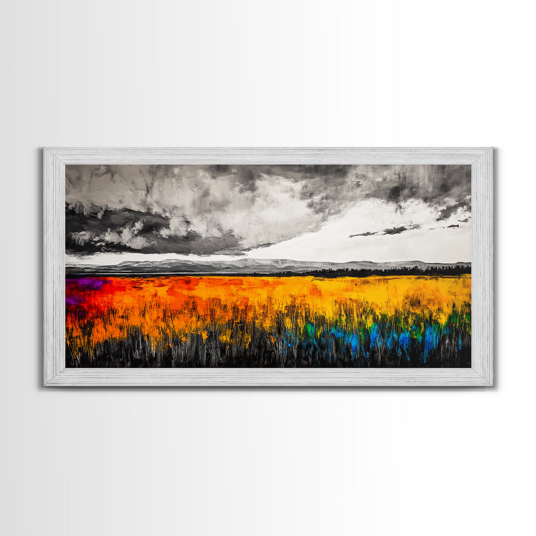 Autumn Meadow, Stormy Sky, Vibrant Fields, Framed Canvas Print, Fall Wall Art, Modern Landscape, Office Decor, Large Wall Art, Farmhouse
