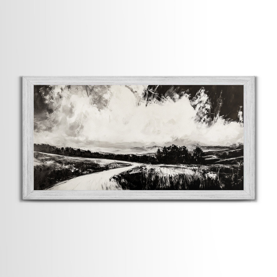 Country Road, Black and White, Minimalist, Framed Canvas Print, Rustic Landscape, Entryway Wall Art, Neutral Wall Decor, Farmhouse Style