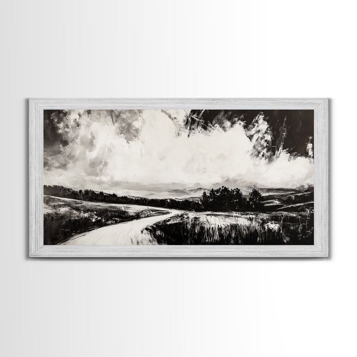 Country Road, Black and White, Minimalist, Framed Canvas Print, Rustic Landscape, Entryway Wall Art, Neutral Wall Decor, Farmhouse Style