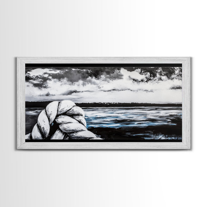 Nautical Art, Coastal Rope, Black and White, Framed Canvas Print, Beach House Decor, Minimalist Wall Art, Modern Ocean Painting