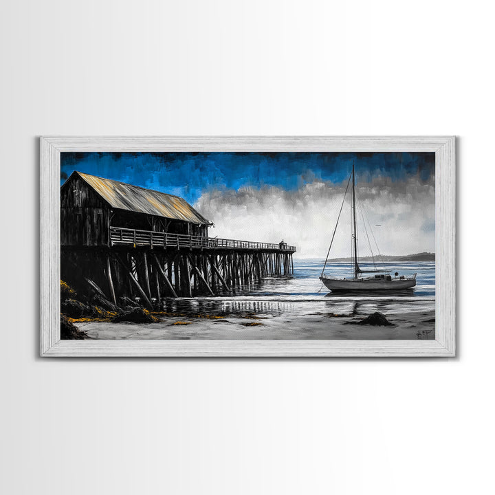 Pier and Boat, Seaside Wall Art, Coastal Landscape, Framed Canvas Print, Nautical Home Decor, Large Artwork, Ocean Painting