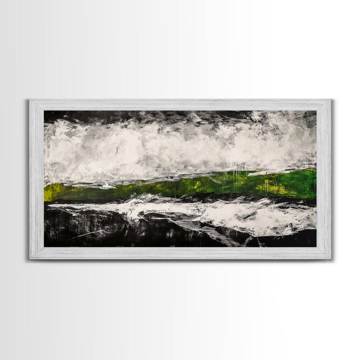 Abstract Expressionism, Black White Green, Dramatic Landscape, Framed Canvas Print, Modern Wall Art, Statement Artwork, Living Room Decor