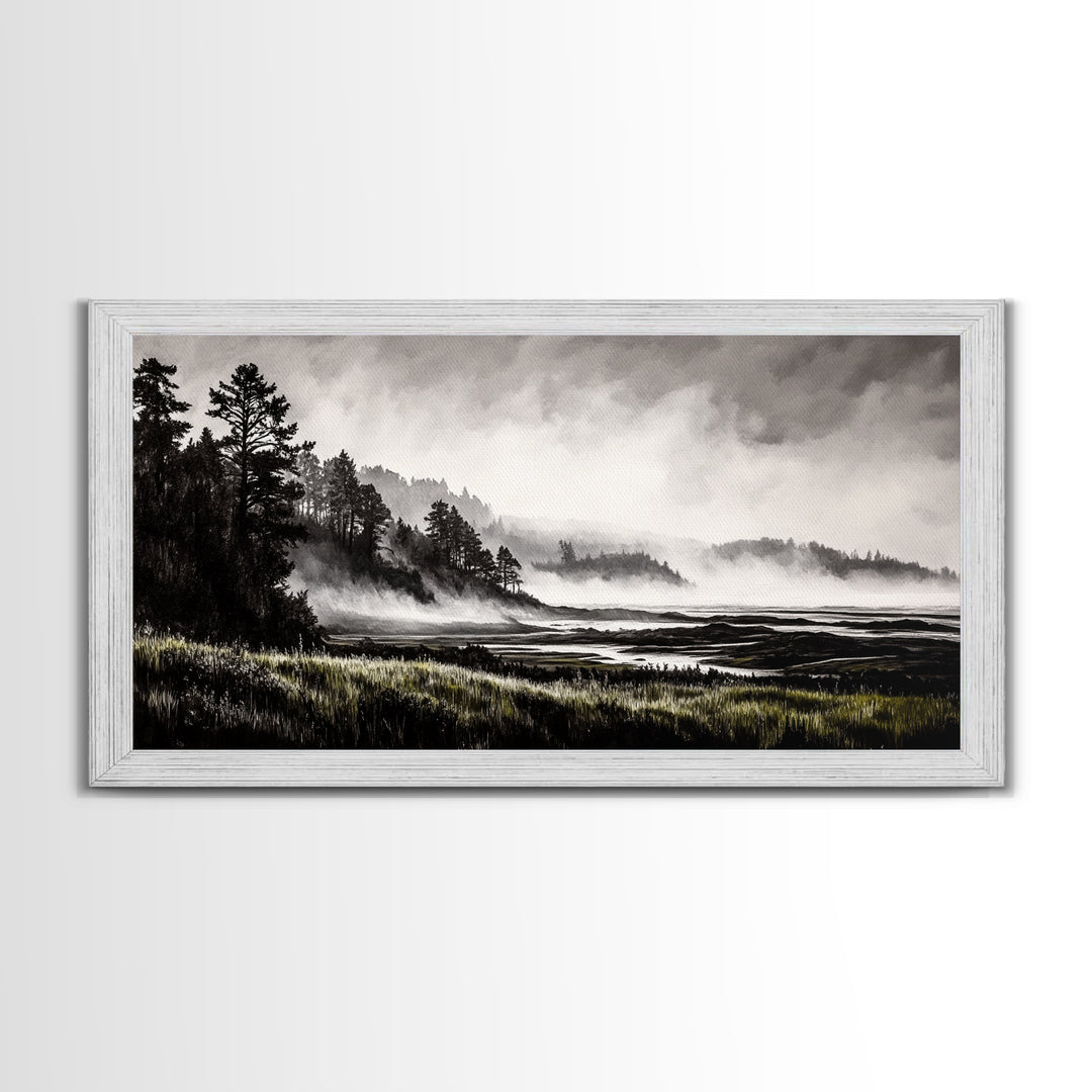 Foggy Hills, Woodland Landscape, Monochrome Art, Canvas Print, Rustic Nature Decor, Peaceful Wall Art, Mountain Art