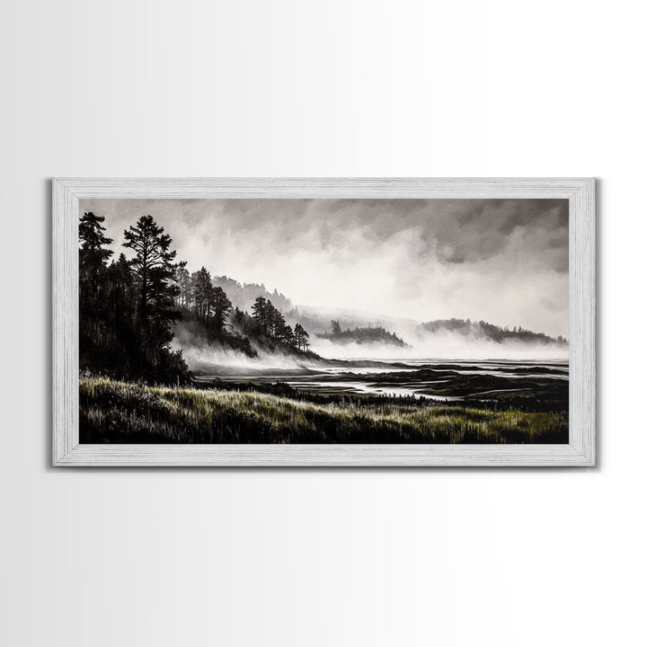 Foggy Hills, Woodland Landscape, Monochrome Art, Canvas Print, Rustic Nature Decor, Peaceful Wall Art, Mountain Art