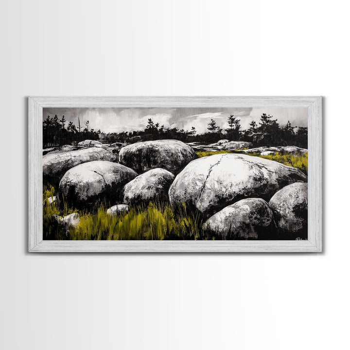 Boulder Landscape, Black and White, Nature Scene, Framed Canvas Print, Rustic Wall Art, Minimalist Decor, Wilderness Theme, Cabin Art