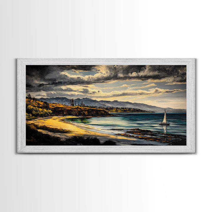 Sailboat, Coastal Sunset, Dramatic Sky, Framed Canvas Print, Nautical Wall Art, Beach House Decor, Ocean Lover Gift, Living Room Art