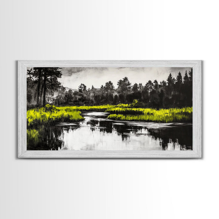 River Reflection, Minimalist Nature Art, Framed Canvas Print, Black and White Landscape, Modern Wall Decor, Office Wall Art