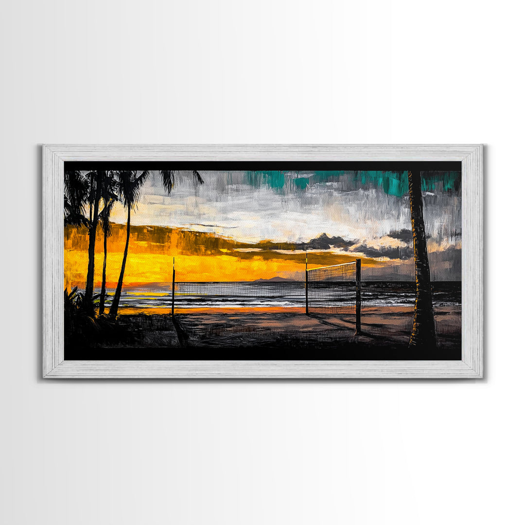 Beach Volleyball, Sunset Seascape, Warm Coastal Decor, Tropical Wall Art, Living Room Artwork, Golden Hour Beach Scene, Framed Canvas Print