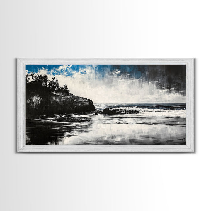Dramatic Cliffside Painting, Ocean Wave Canvas Print, Monochrome Seascape Art, Moody Wall Decor, Coastal Artwork, Framed Canvas Print
