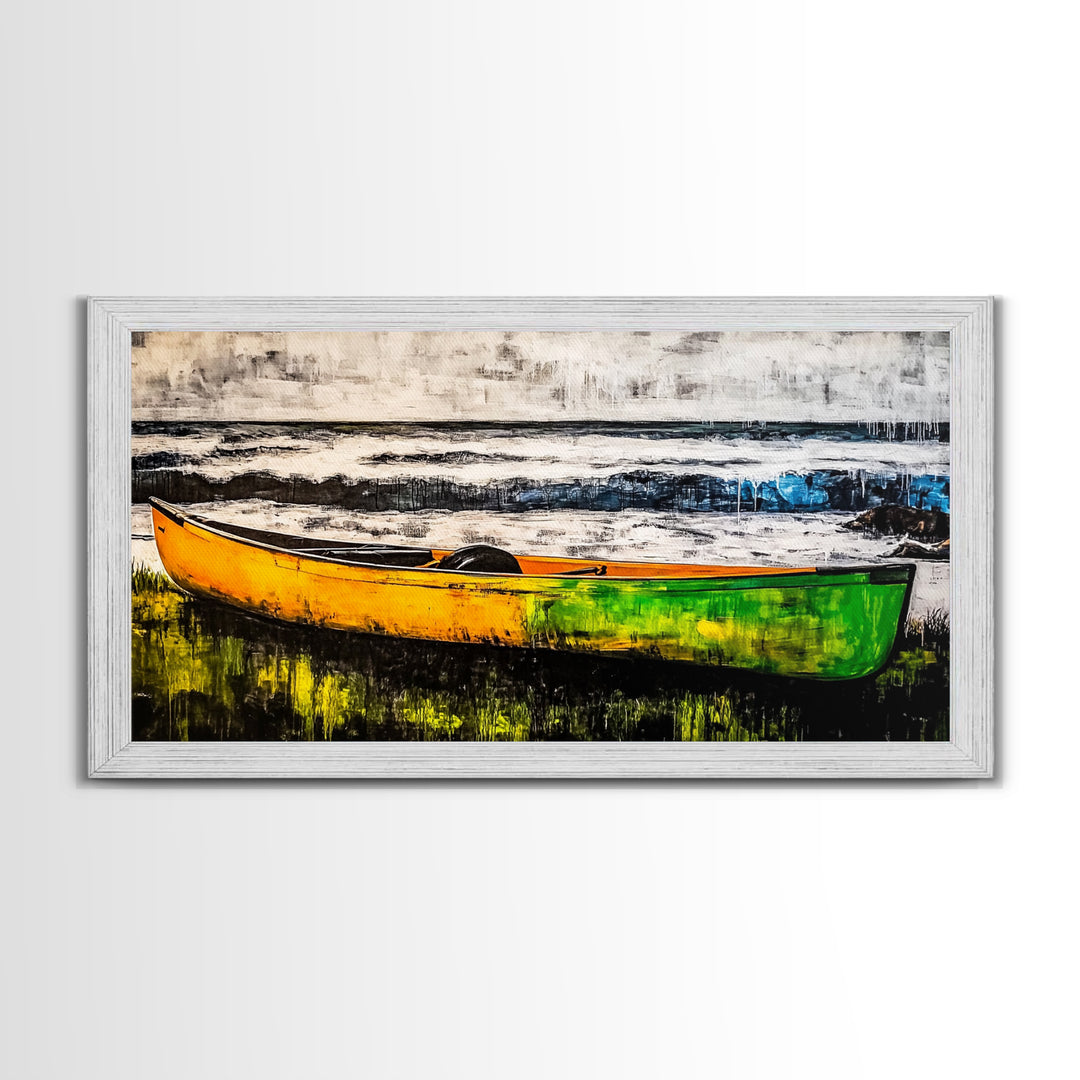 Canoe on the Shore, Rustic Nature Canvas Print, Lake House Wall Art, Autumn Painting, Outdoors Inspired Decor, Framed Canvas Print