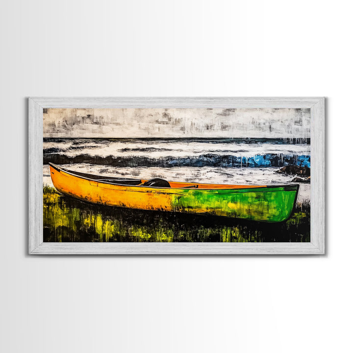 Canoe on the Shore, Rustic Nature Canvas Print, Lake House Wall Art, Autumn Painting, Outdoors Inspired Decor, Framed Canvas Print