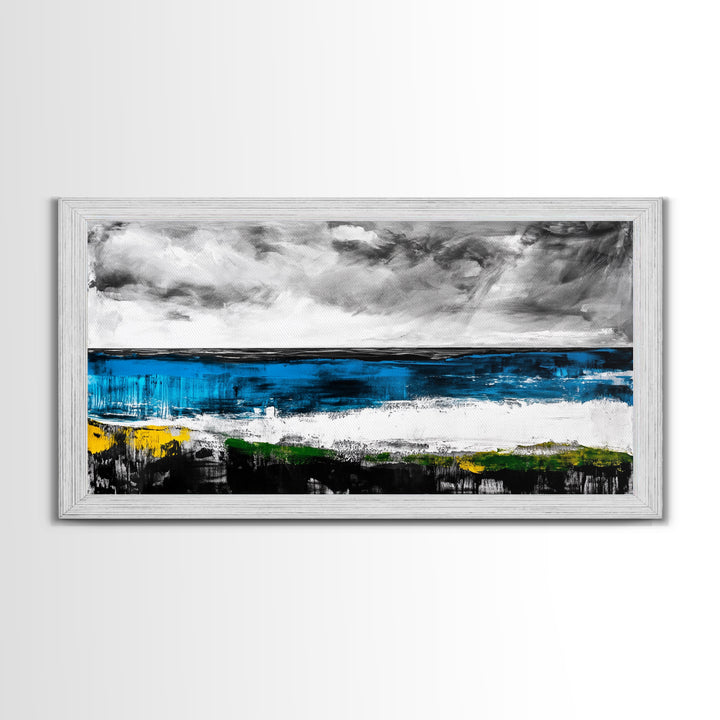Abstract Coastal Art, Blue and Yellow Canvas Print, Modern Seascape Wall Decor, Ocean Painting, Living Room Artwork, Framed Canvas Print