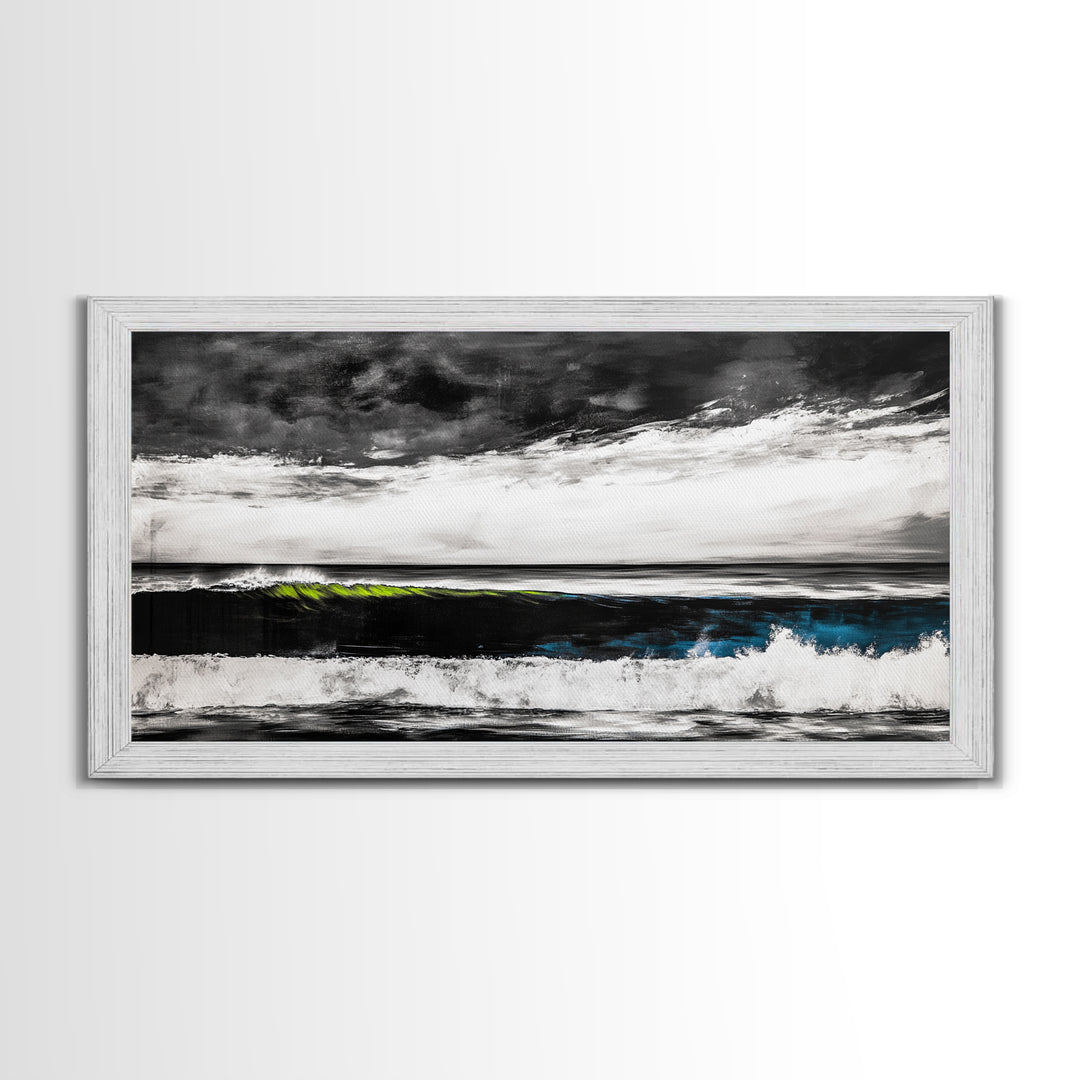 Ocean Wave Painting, Black and White Print, Modern Coastal Wall Decor, Seascape Art, Nautical Home Aesthetic, Framed Canvas Print