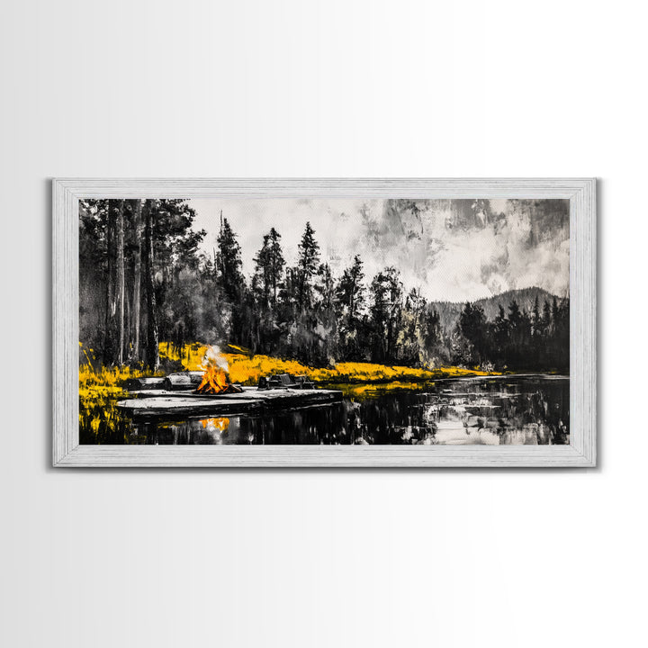 Campfire Forest Painting, Black and White Canvas Print, Nature Wall Decor, Cozy Cabin Artwork, Autumn Inspired Art, Framed Canvas Print