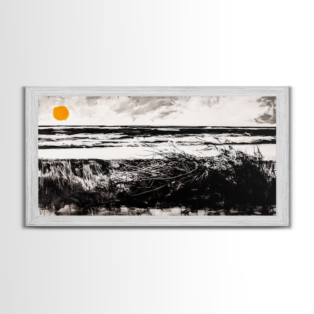 Coastal, Minimalist, Black and White, Framed Canvas Print, Ocean Sunset Wall Art, Beach House Decor, Nautical Artwork, Serene Seascape
