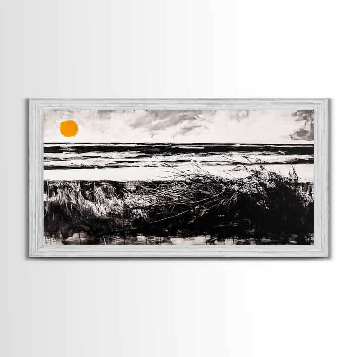 Coastal, Minimalist, Black and White, Framed Canvas Print, Ocean Sunset Wall Art, Beach House Decor, Nautical Artwork, Serene Seascape