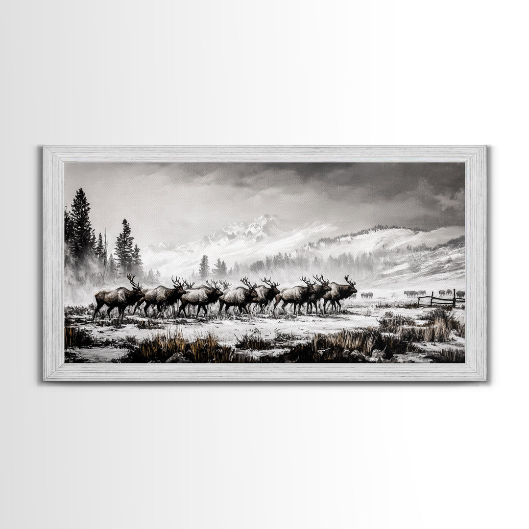 Elk, Wildlife, Mountain, Framed Canvas Print, Rustic Lodge Art, Winter Nature Scene, Cabin Wall Decor, Hunting Artwork, Western Aesthetic