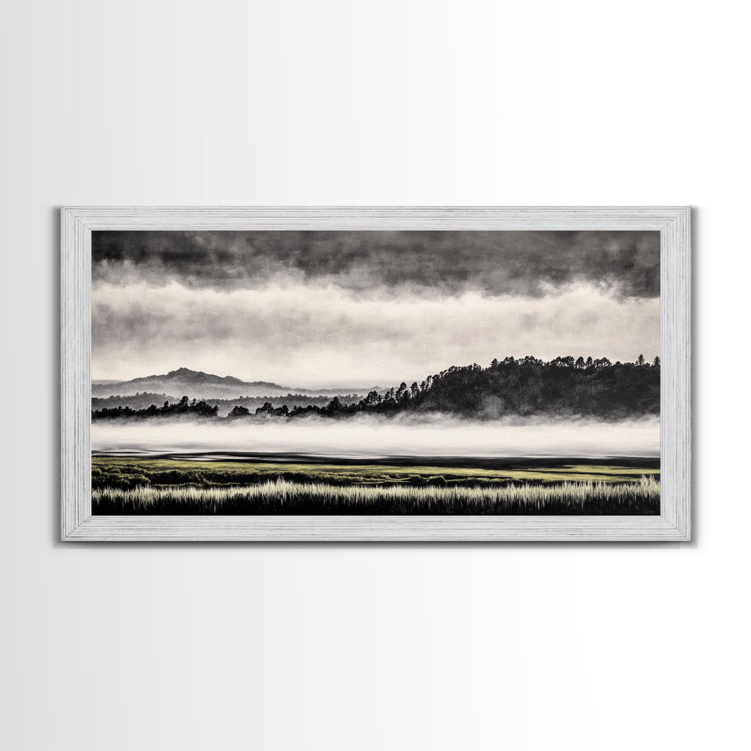 Misty Mountains, Black and White Art, Foggy Landscape, Canvas Print, Nature Wall Art, Minimalist Artwork, Bedroom Wall Decor