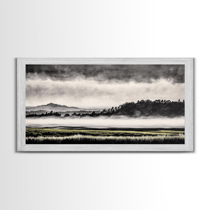 Misty Mountains, Black and White Art, Foggy Landscape, Canvas Print, Nature Wall Art, Minimalist Artwork, Bedroom Wall Decor