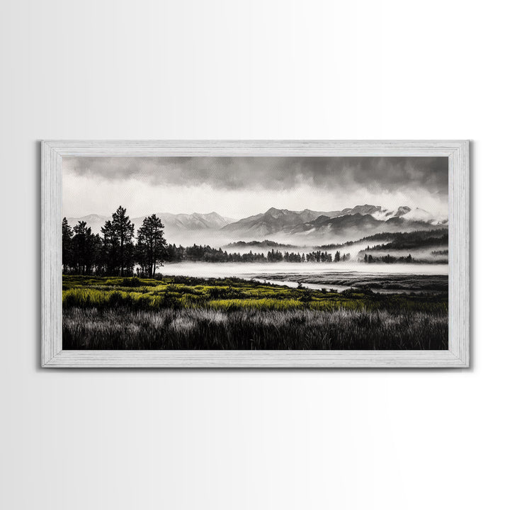 Foggy Forest, Mountain Landscape, Monochrome Wall Art, Framed Canvas Print, Modern Home Decor, Living Room Artwork, Nature Print