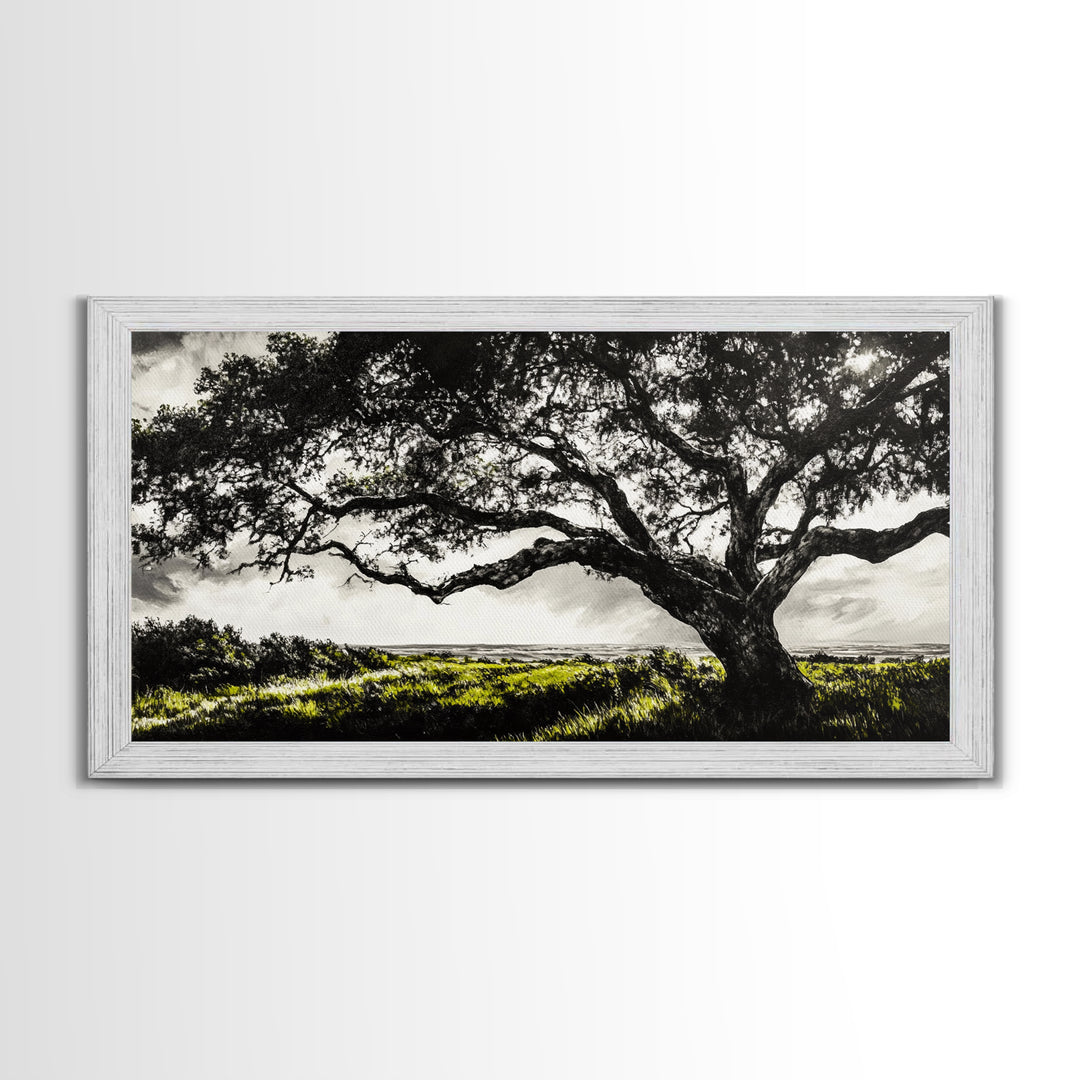 Oak Tree, Scenic Meadow, Black and White Landscape, Framed Canvas Print, Nature Wall Art, Large Canvas Artwork, Living Room Decor