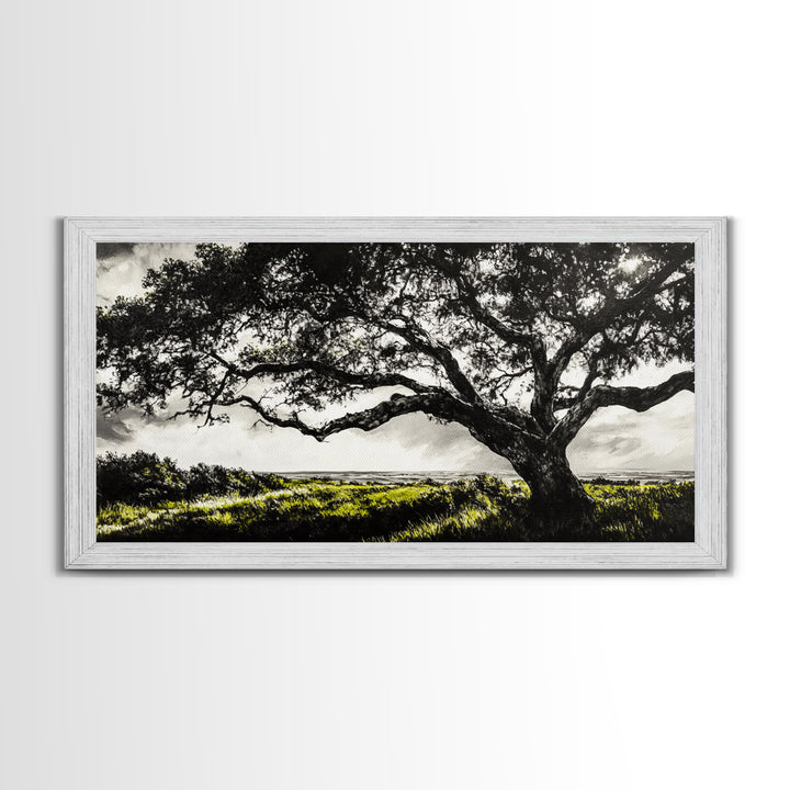 Oak Tree, Scenic Meadow, Black and White Landscape, Framed Canvas Print, Nature Wall Art, Large Canvas Artwork, Living Room Decor