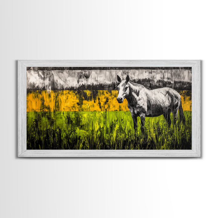 Abstract Horse, Farmhouse, Framed Canvas Print, Rustic Wall Art, Country Decor, Bold Yellow and Green, Large Wall Art, Equestrian Art