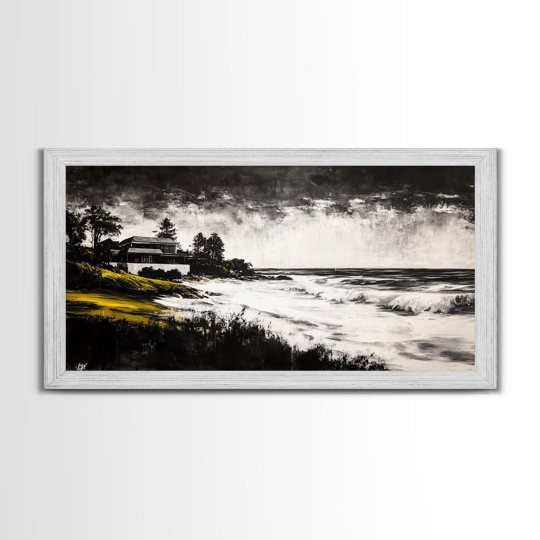Coastal Landscape, Black and White, Framed Canvas Print, Beach House Wall Art, Nautical Decor, Ocean View Art, Minimalist Seascape