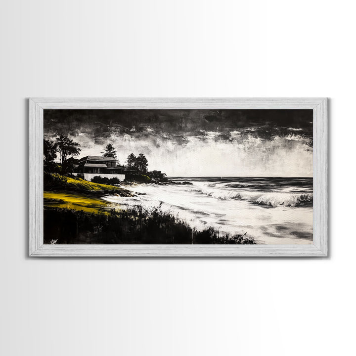 Coastal Landscape, Black and White, Framed Canvas Print, Beach House Wall Art, Nautical Decor, Ocean View Art, Minimalist Seascape